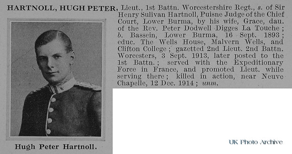 Hartnoll H P Lt 1st Worcestershire Regiment Obit
