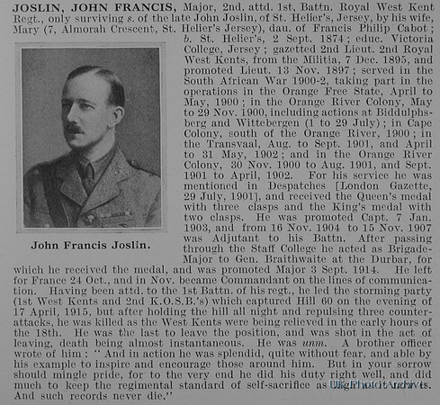 Joslin J F Major 2nd Attd 1st Royal West Kent Regiment Obit