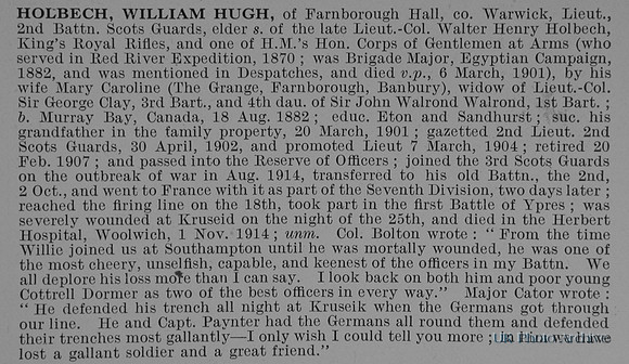 Holbech W H Lt 2nd Scots Guards Obit