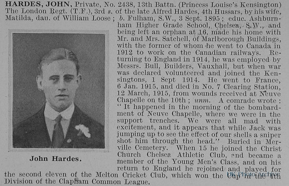 Hardes J Pte 2438 13th London Regiment Obit