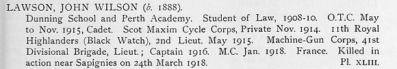 Lawson J W Captain MC Machine Gun Corps Obit