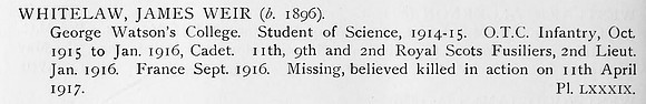 Whitelaw J W 2nd Lt Royal Scots Fusiliers Obit