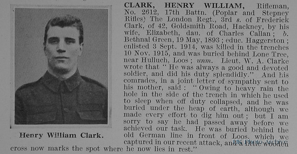Clark H W Rfn 2612 17th London Regiment Obit