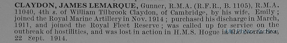 Claydon J L Gnr Royal Marine Artillery Obit