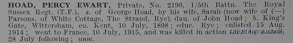 Hoad P E Pte 2196 5th Royal Sussex Regiment Obit