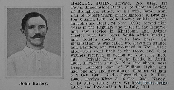 Barley J Pte 8147 1st Lincolnshire Regiment Obit