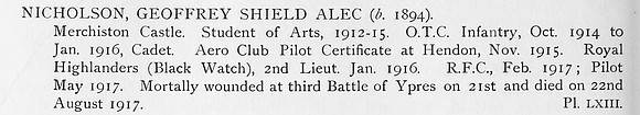 Nicholson G S A 2nd Lt Royal Flying Corps Obit