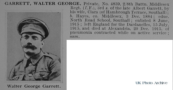 Garrett W G Pte 4839 8th Middlesex Regiment Obit