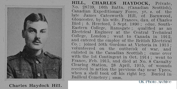 Hill C H Pte 28739 16th Canadian Expeditionary Force Obit