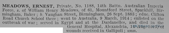 Meadows E Pte 1188 14th Australian Imperial Force Obit