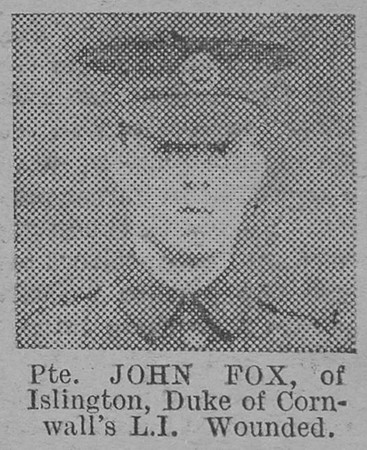 Fox J Pte Duke Of Cornwalls Light Infantry Of Islington The Vivid 27th Mar 1915