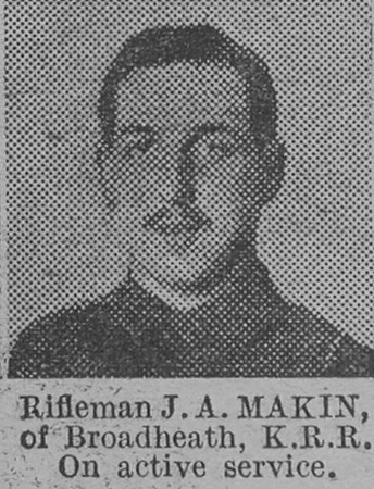 Makin J A Rfn Kings Royal Rifle Corps Of Broadheath The Vivid 27th Mar 1915