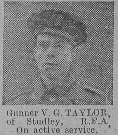 Taylor V G Gnr Royal Field Artillery Of Studley The Vivid 10th Apr 1915