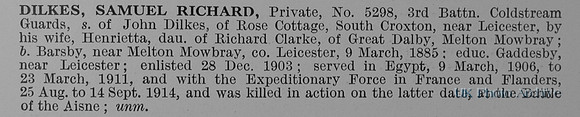 Dilkes S R Pte 5298 3rd Coldstream Guards Obit