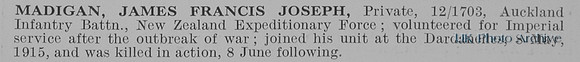 Madigan J F J Pte 12-1703 Auckland Infantry Btn New Zealand Expeditionary Force Obit