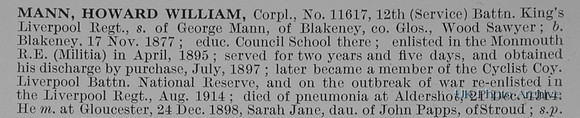 Mann H W Cpl 11617 12th Kings Liverpool Regiment Obit