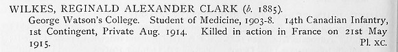 Wilkes R A C Pte 14th Canadian Expeditionary Force Obit