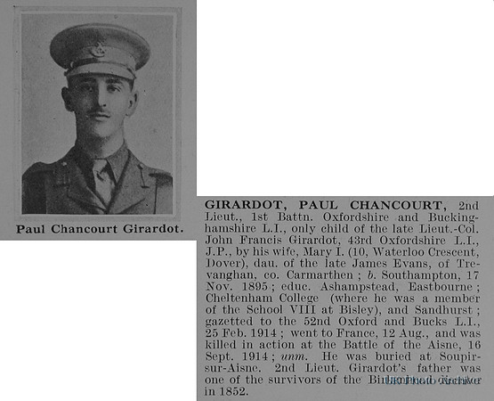 Girardot P C 2nd Lt 1st Oxford And Bucks Light Infantry Obit