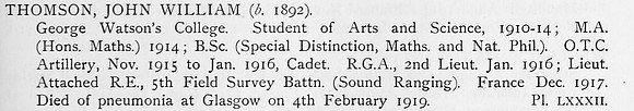 Thomson J W Lt Royal Garrison Artillery Attd Royal Engineers Obit
