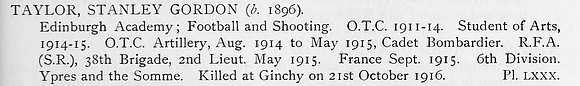 Taylor S G 2nd Lt Royal Field Artillery Obit
