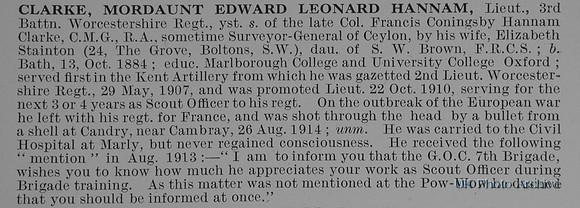 Clarke M E L H Lt 3rd Worcestershire Regiment Obit