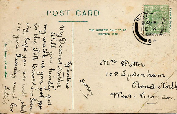 Sutton Green 1908 Postcard To Mrs Potter 108 Sydenham Road North West Croydon Back Sutton Postmark