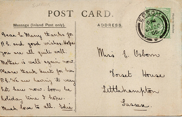 Gander Green Lane 1906 Postcard to Miss E Osborn Dorset House, Littlehampton, Sussex. Epsom Postmark