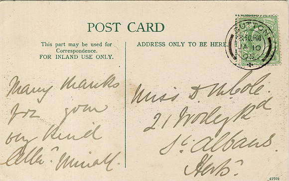 Gander Green Lane Sutton 1905 Postcard To Miss D M Cole 21 Worley Road, St Albans. Sutton Postmark.