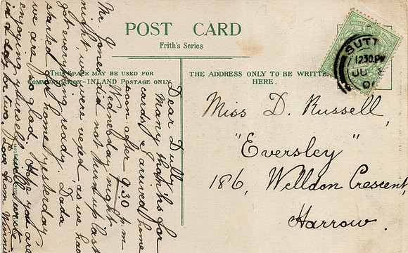 Gander Green Lane Sutton Postcard To Miss Dolly Russell 186 Welldon Crescent Harrow Sutton Postmark