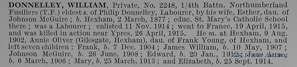 Donnelley W Pte 2248 4th Northumberland Fusiliers Obit