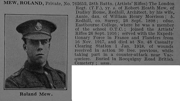 Mew R Pte 762652 28th London Regiment Obit