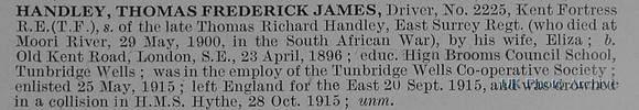 Handley T F J Dvr 2225 Royal Engineers Obit