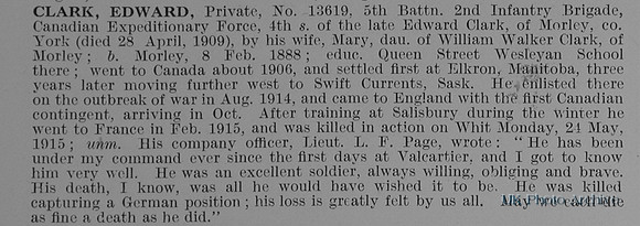 Clark E Pte 13619 5th Canadian Expeditionary Force Obit