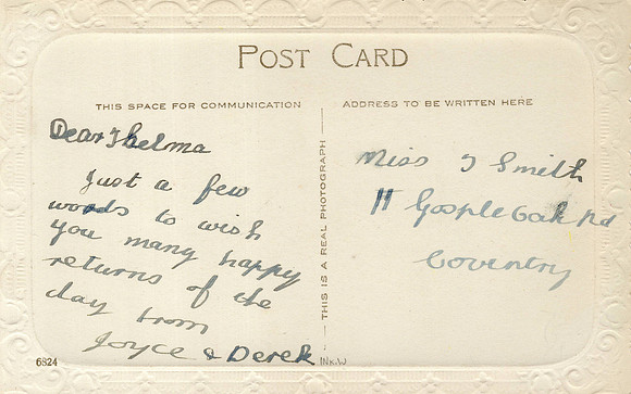 Birthday Postcard To Thelma Smith 11 Gosple Oak Road Coventry Back
