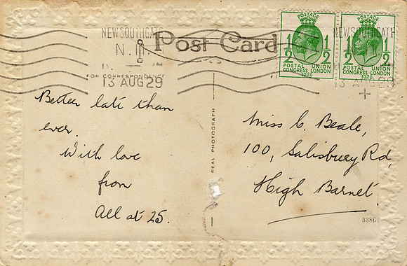 Birthday Postcard To Miss C Beale 100 Salisbury Road High Barnet Back