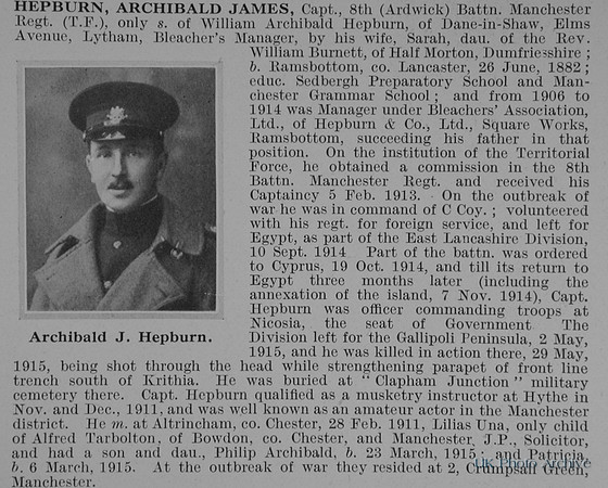 Hepburn A J Captain 8th Manchester Regiment Obit