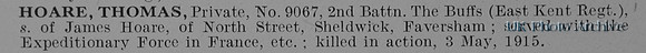 Hoare T Pte 9067 2nd East Kent Regiment Obit