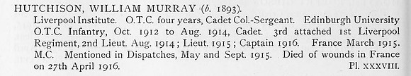 Hutchison W M Captain MC 1st Kings Liverpool Regiment Obit
