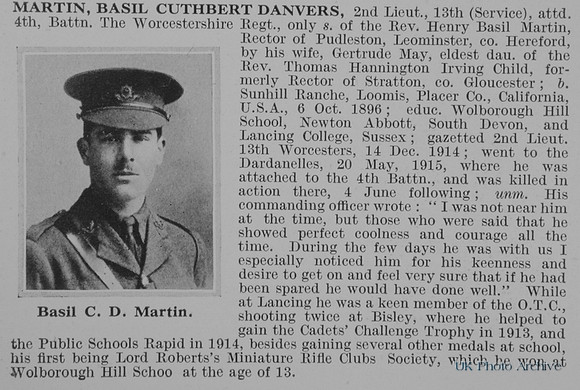 Martin B C D 2nd Lt 13th Attd 4th Worcestershire Regiment Obit