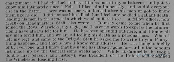 Ramsay A Lt 5th Royal Fusiliers Attd 1st Royal Warwickshire Regiment Obit Part 2