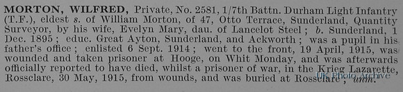 Morton W Pte 2581 7th Durham Light Infantry