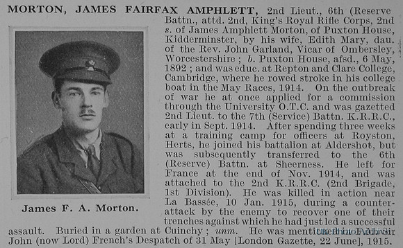 Morton J F A 2nd Lt 6th Attd 2nd Kings Royal Rifle Corps Obit