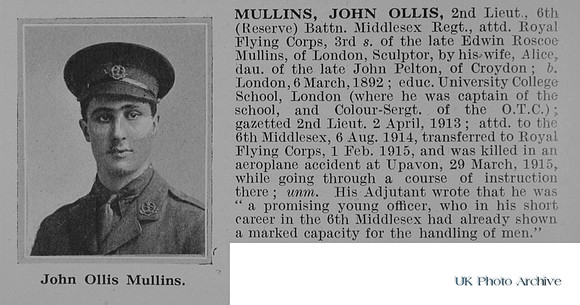 Mullins J O 2nd Lt 5th Middlesex Regiment Att Royal Flying Corps Obit