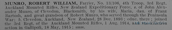 Munro R W Farrier 13/106 3rd Auckland Mounted Rifles NZEF
