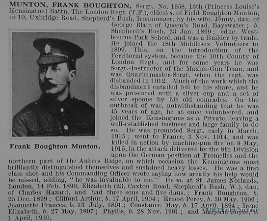 Munton F B Sergt 1958 13th London Regiment Obit