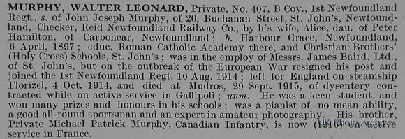 Murphy W L Pte 407 1st Newfoundland Regiment