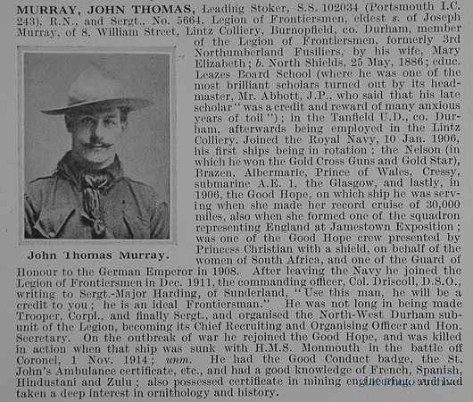 Murray J T Leading Stoker 103034 HMS Monmouth Royal Navy Obit