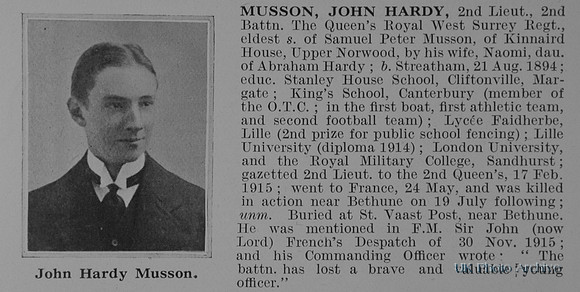 Musson J H 2nd Lt 2nd Queen's Royal West Surrey Regiment Obit