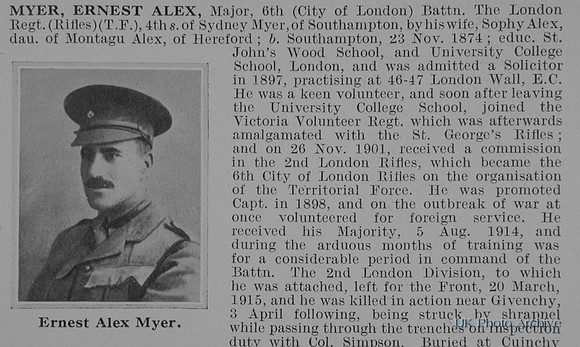 Myer E A Major 6th London Regiment Obit Part 1