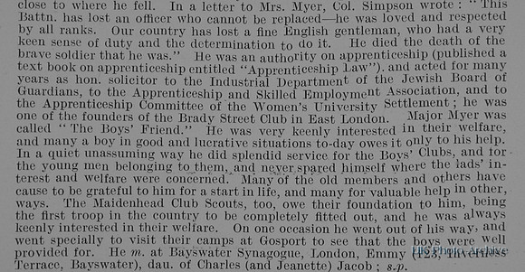 Myer E A Major 6th London Regiment Obit Part 2